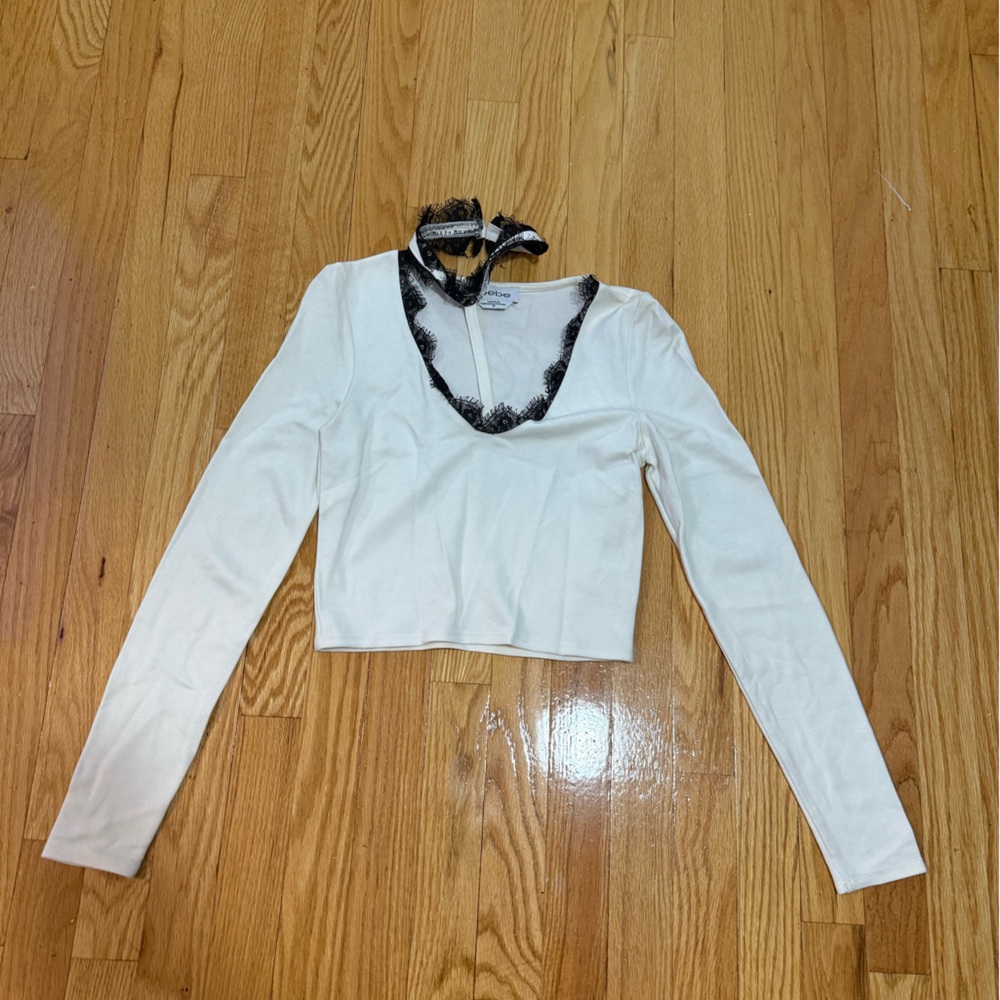 Bebe White Long Sleeve Top with Black Accents